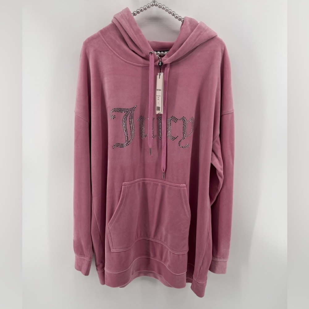 Juicy Couture Velour Long Sleeved Hoodie Kangaroo Pocket Embellished Rose XL NWT
